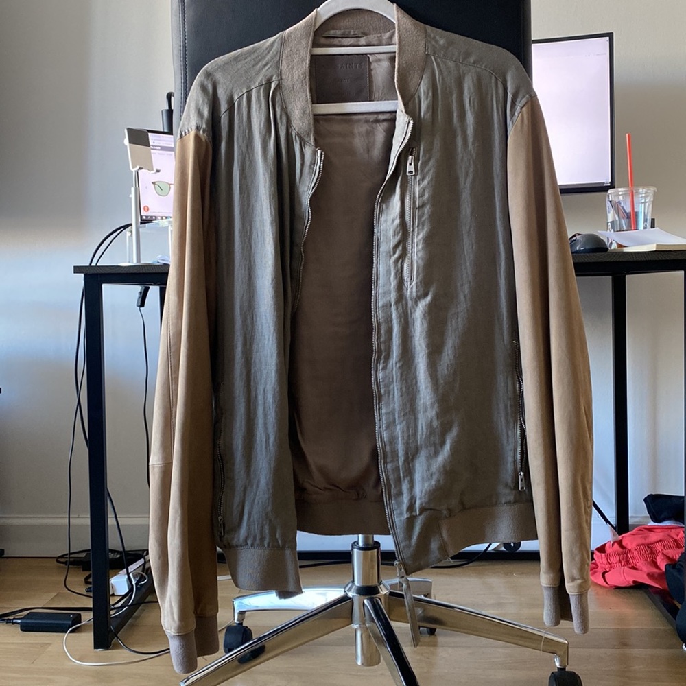 Allsaints leather and linen bomber jacket.  Size large
